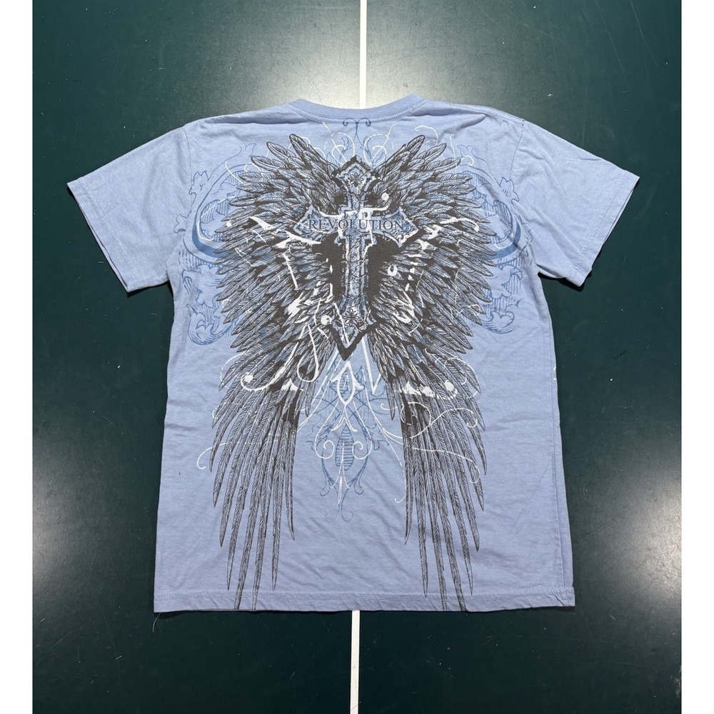 Vintage Y2K Affliction Style Winged Cross T-Shirt Men's Medium Grunge Gothic